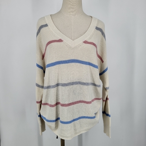American Eagle Striped Knit Sweater V Neck Slouchy Cream Pink Blue Small - Picture 5 of 8